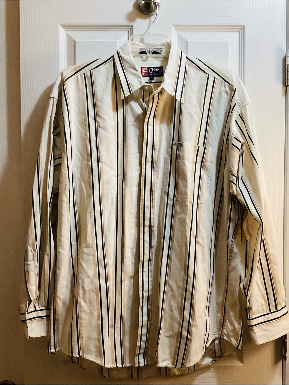 Chaps Mens Cream Striped Button-Down Shirt